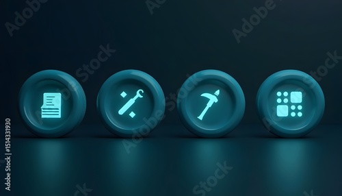 Four teal glowing buttons with various tool icons sit on a dark background.  The buttons represent different functions or options.