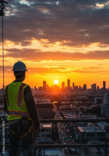 Construction worker in safety gear looks at a city skyline during sunset.
