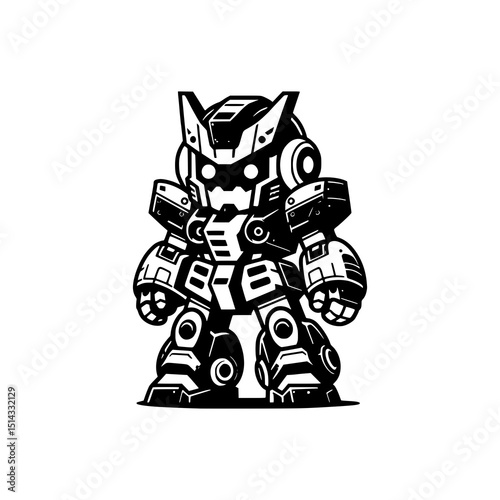 Mech Robot Vector Illustration in Black and White Style Powerful Futuristic Battle Machine with Armor and Mechanical Details