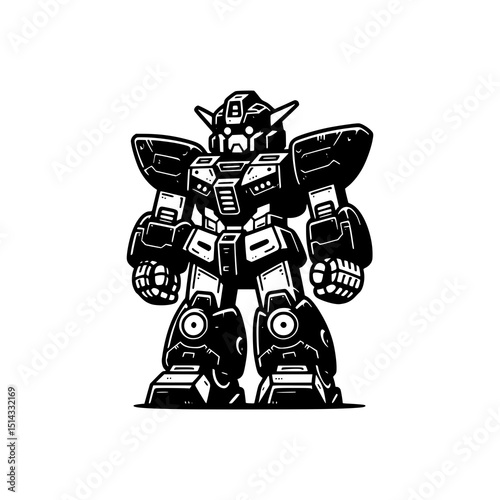 Mech Robot Vector Illustration in Black and White Style Powerful Futuristic Battle Machine with Armor and Mechanical Details