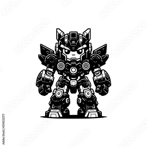 Mech Robot Vector Illustration in Black and White Style Powerful Futuristic Battle Machine with Armor and Mechanical Details