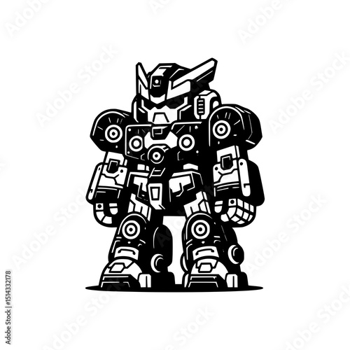 Mech Robot Vector Illustration in Black and White Style Powerful Futuristic Battle Machine with Armor and Mechanical Details