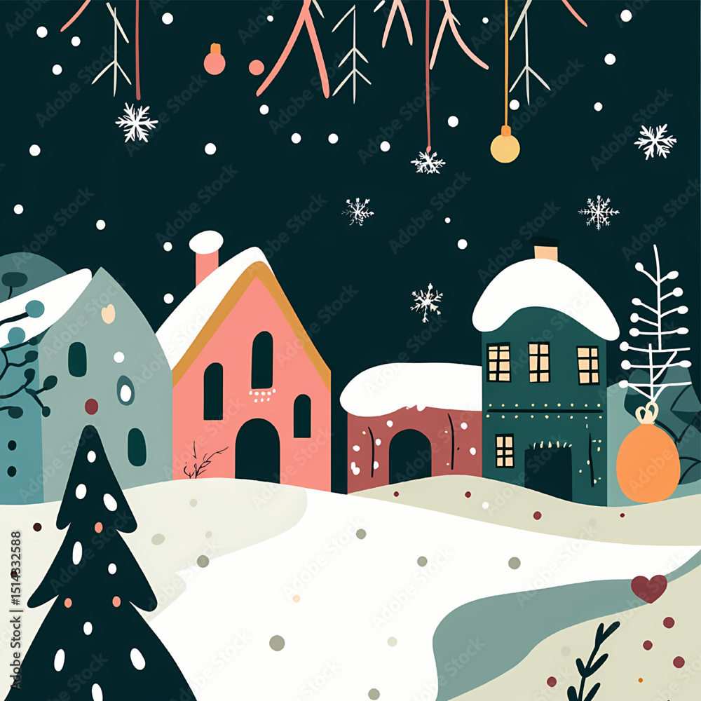 Naklejka premium Festive Village: Capture the spirit of the season with this enchanting illustration of a snow-covered village, twinkling lights and cozy houses. 