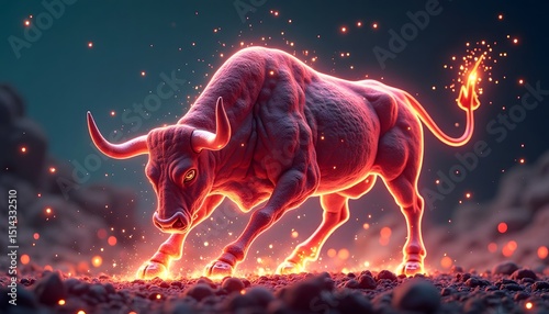 A blazing bull ignites the darkness, its powerful form wreathed in radiant energy. This photorealistic depiction of the Taurus zodiac symbol symbolizes strength and fiery determination.