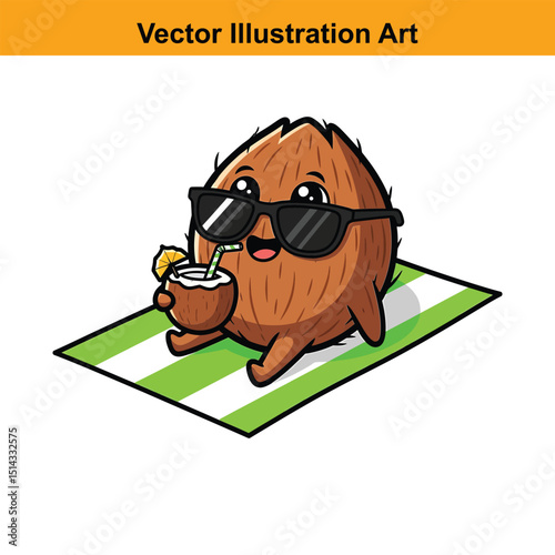 Cool Coconut Character Sipping a Drink on a Beach Towel Illustration