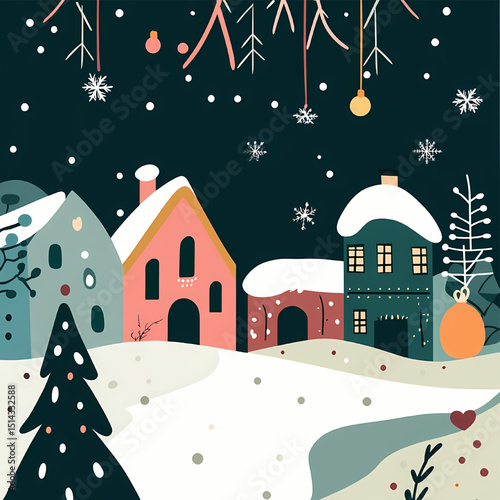 Festive Village: Capture the spirit of the season with this enchanting illustration of a snow-covered village, twinkling lights and cozy houses. 