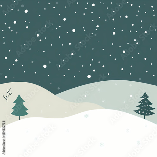 Serene Winterscape: A tranquil winter scene unfolds with gently rolling snow-covered hills, dotted with evergreen trees, under a gentle snowfall against a serene backdrop.