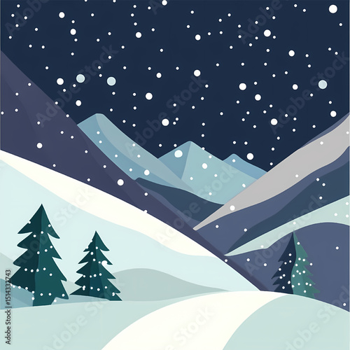 Winter Wonderland: A serene illustration depicting a snow-covered landscape, with stylized mountains and trees under a starlit sky, evocative of the peaceful season.
