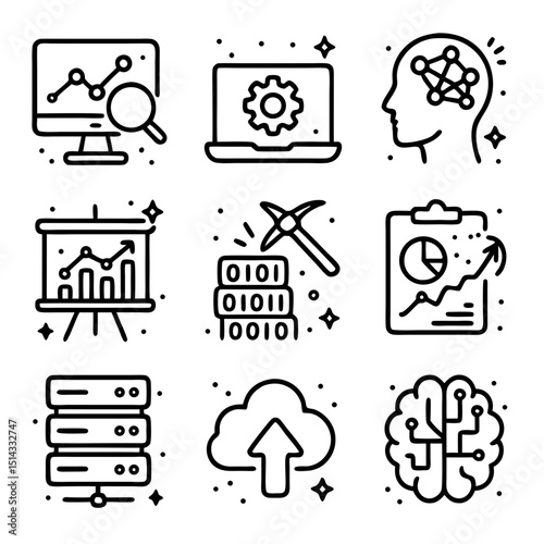 Big data icon set features nine line art icons connected to data storage and cloud computing, perfect for tech presentations.