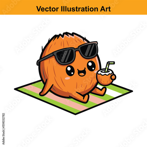 Cool Coconut Character Sipping a Drink on a Beach Towel Illustration