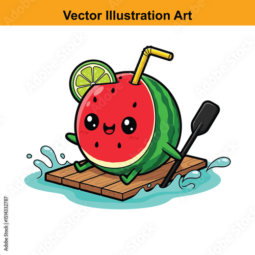 Cute Watermelon Character on a Raft Enjoying a Summer Adventure Illustration