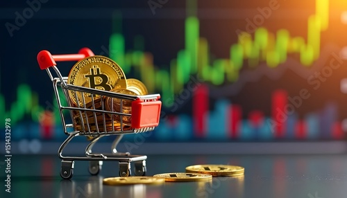 Bitcoin coins in shopping cart with stock market graph in background.