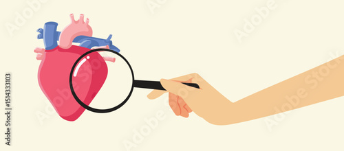 Heart Under the Magnifying Glass Vector Cartoon Illustration. Cardiologist analyzes in detail during consultation 
