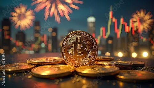 Bitcoin cryptocurrency coin with fireworks and cityscape background.
