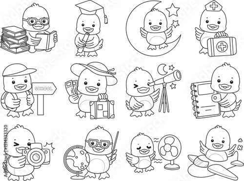 Coloring book of Cute Duck icon. Outline of  Funny baby Duck animal series stock illustration. life of fluffy Duck designs.