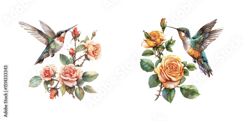 hummingbird and roses watercolor vector illustration