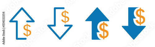 Money increase and decrease icons. Price, rate, cost, sale or profit going up or down symbol with arrow and us dollar sign. Transparent PNG and vector illustration.