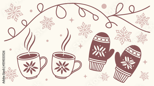 Winter-themed pattern with snowflakes, mittens, and cocoa cups, soft pastel colors