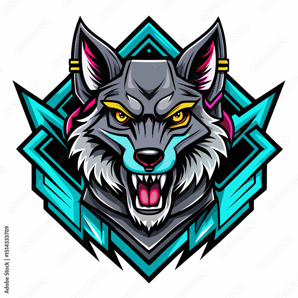 Crazy Wolf head in tech Gamer design and bold line black , white background ,full color Crazy Wolf head in tech Gamer design and bold line black , white background ,full color