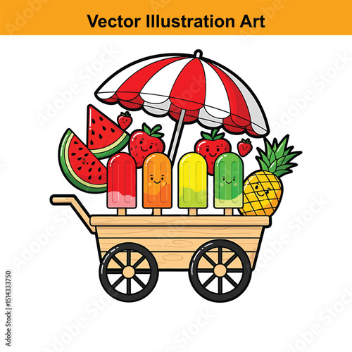 Cartoon Ice Cream Cart with Summer Fruits Vector Illustration for Kids and Adults