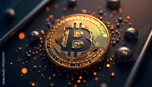Close-up view of a bitcoin cryptocurrency coin, gleaming golden against a dark background with metallic spheres.