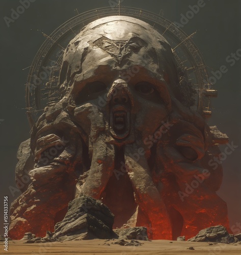 Una imponente escultura de una cabeza grotesca emerge de un mar de lava, con una expresión de terror y desesperación.