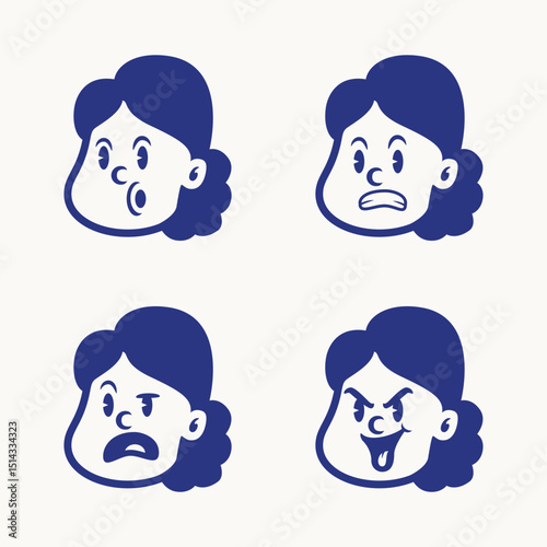 Cartoon vector of a little girl showing four expressions: happy, excited, talking, and sad. Ideal for educational tools, UI stickers, children’s books, or emotional expression packs