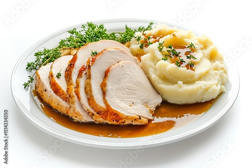 Sliced turkey breast with mashed potatoes and gravy presented on a white plate close up view background texture video
