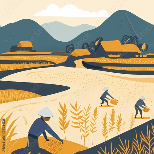 Harvesting in Rice Terraces: A depiction of diligent farmers laboring in terraced rice fields, with rolling mountains and quaint houses.