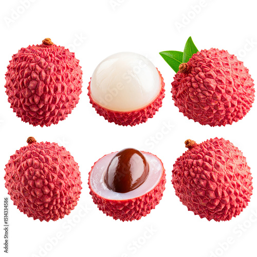 Peeled and Whole Lychee Fruit Set with Juicy Flesh, Transparent Background