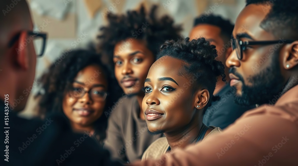 Obraz premium A diverse group of people, faces close, engaged in conversation, some with glasses