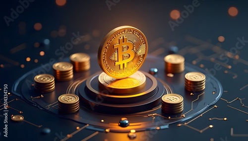 A digitally rendered illustration showcasing a glistening bitcoin coin, symbolizing the heart of digital currency, rests on a technologically advanced motherboard-like base.