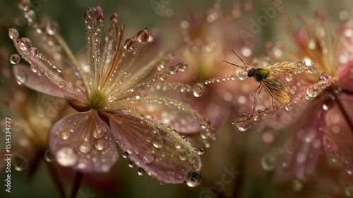 Una abeja se posa delicadamente sobre una flor cubierta de gotas de rocío, capturando un momento de íntima conexión con la naturaleza.