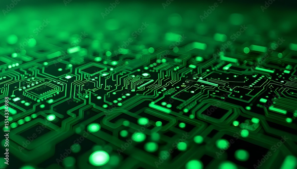 A macro shot of a glowing green circuit board, showcasing intricate pathways and technological advancement, symbolizes connectivity and innovation. A macro shot of a glowing green circuit board, showcasing intricate pathways and technological advancement, symbolizes connectivity and innovation.
