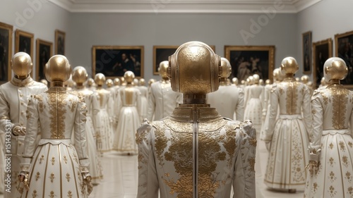 Una multitud de figuras doradas en vestidos elaborados, creando una atmósfera de misterio y opulencia.