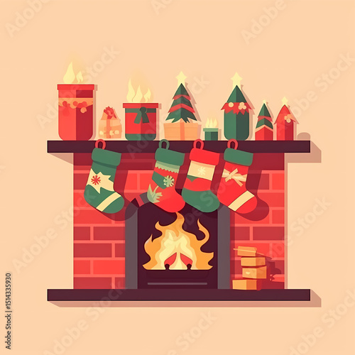 Holiday Hearth's Embrace: A cozy and heartwarming holiday scene unfolds with a festive fireplace as the centerpiece, adorned with stockings, gifts.