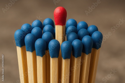 Close Up of Matchsticks with One Standing Out with a Red Tip and Blue Tips in a Studio Shot