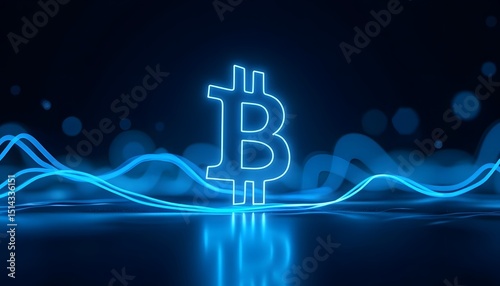 Bitcoin symbol glows with blue neon light on a dark background with wavy lines.