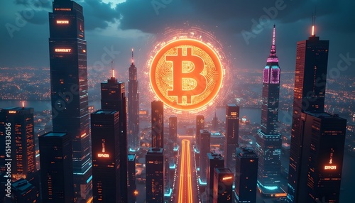 The futuristic city of digital cryptocurrency showcases the vibrant skyline of modern metropolis illuminated by a large glowing bitcoin symbol.