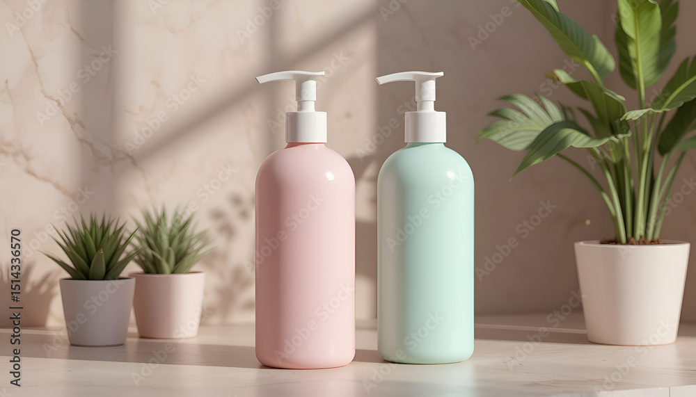 Pastel Pink and Mint Pump Bottles on Marble Counter with Indoor Plants – Skincare Packaging Design

