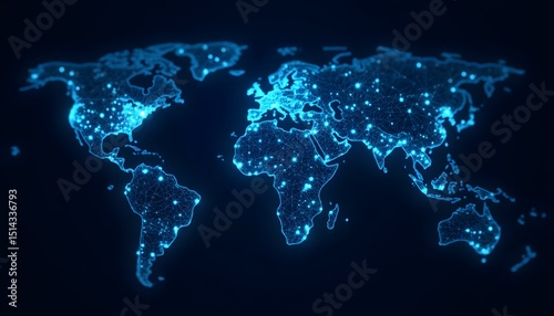 A mesmerizing, low-angle perspective offers a vibrant, blue digital illustration of the world map, showcasing illuminated city lights to represent interconnectedness. 