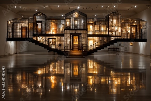Una instalación artística que representa una casa suspendida sobre un espejo, creando una ilusión de profundidad y reflejo.