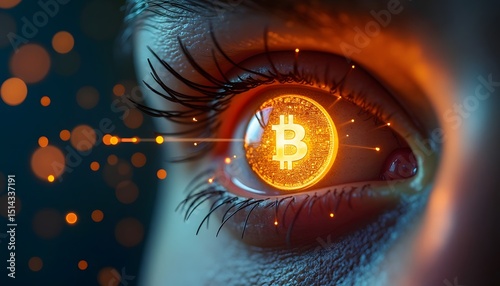 Captivating Bitcoin Eye, a high-tech image with bitcoin in eye, shows a glowing bitcoin symbol reflects within an eye's iris, creating a futuristic and engaging digital art.