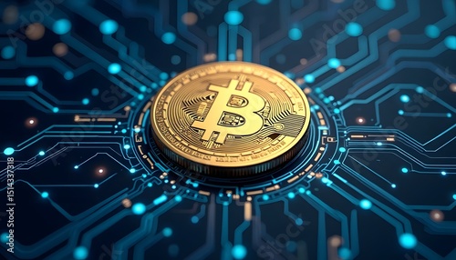 A golden Bitcoin gleams atop a network of digital circuits, representing the cutting edge of cryptocurrency. The image speaks of innovation, technological advancement.