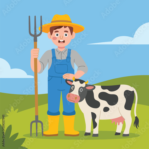 Smiling Farmer Standing with Cow in Lush Green Field Holding Pitchfork - Perfect Illustration for Farming, Agriculture, Rural Life, and Eco-Friendly Concepts on Adobe Stock