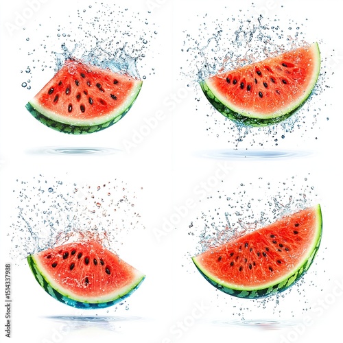Four vibrant watermelon slices, each suspended in mid-air amidst a dynamic splash of water droplets against a stark white background, showcasing their juicy, red flesh and dark seeds