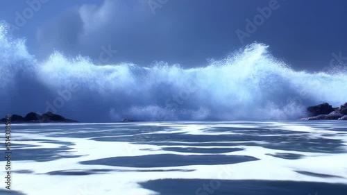 Ocean waves crashing against rocky shore under a stormy sky with dark clouds and sea foam, creating a dynamic seascape