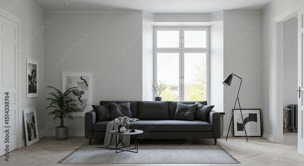 Fototapeta premium Living room interior with sofa rug window plant artwork and lamp.