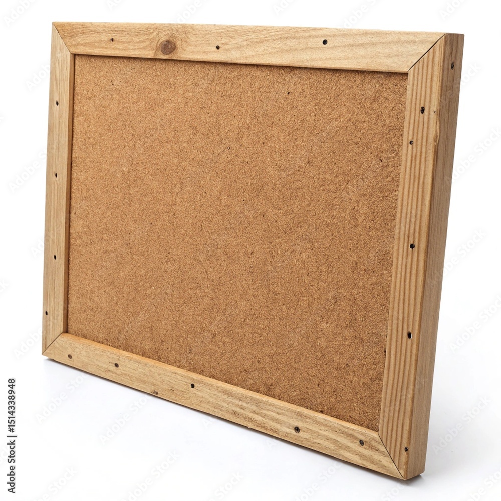 Fototapeta premium Rustic wooden frame with a blank cork board, natural light wood texture, versatile empty noticeboard for messages, pins, and creative display, isolated on white background.
