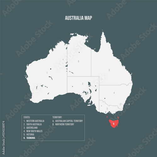 Australia Map with 6 States and 2 Territory - Tasmania